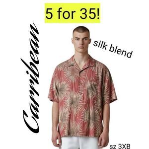 Caribbean Neutral Red & Green Silk Blend Hawaiian Short Sleeve Shirt 5 for 35